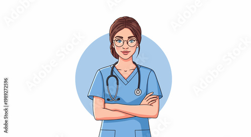 female nurse in blue scrubs with stethoscope and glasses vector illustration