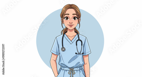 female nurse in blue scrubs with stethoscope and glasses vector illustration