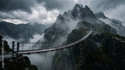 A rainy landscape with a bridge on the mountaintop. Generative AI.
