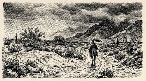 Rainy desert landscape. Generative AI.