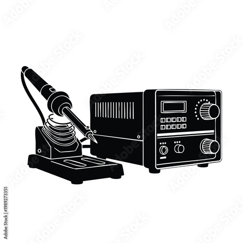 Silhouette soldering station bundle set black on white background isolated.