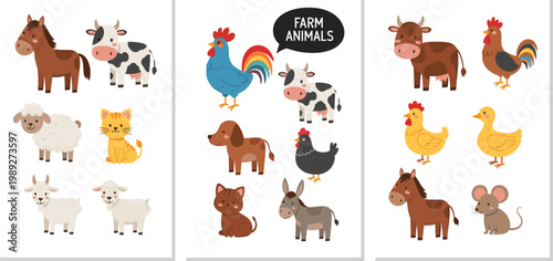 Large set of cute cartoon farm animals including cow horse sheep goat pig rooster hen duckling donkey dog cat and mouse vector illustrations isolated on white background.