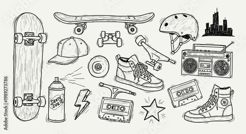 Skateboarding Gear Doodle Set Shoes Helmet Board Urban Elements