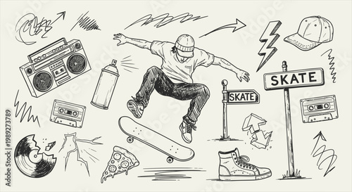 Skateboard Action Doodle Illustration Street Style Movement Sketch