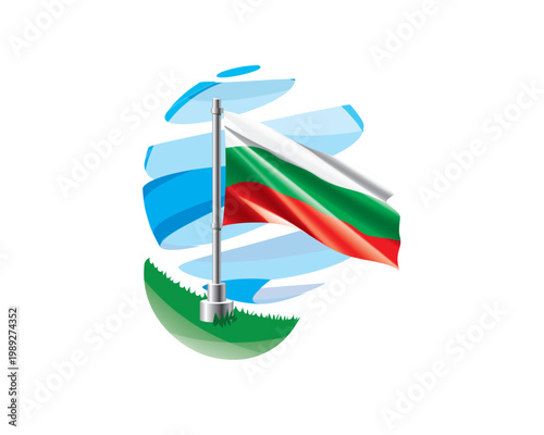 Bulgarian flag on a green lawn against a background of blue abstract sky