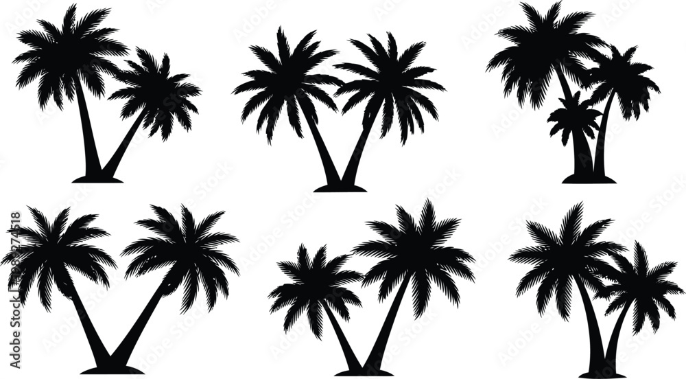 Fototapeta premium Silhouette collection of tropical palm trees a relaxing island paradise scene