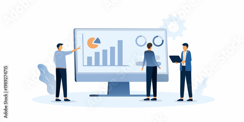 Team analyzing data and presenting insights on a large computer screen