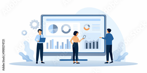Team analyzing data and metrics displayed on a large computer screen