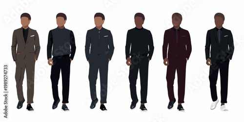 Six stylized male figures showcasing diverse formal attire options