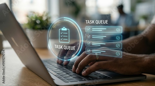 Agile scrum master person typing organizing laptop computer keyboard under glowing holographic task queue clipboard list interface in office environment for digital project workflow optimization 