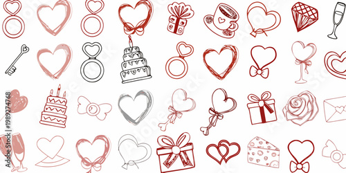 Collection of hand drawn romantic symbols and love themed illustrations
