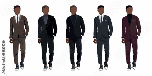 Five diverse men in stylish suits pose in a fashion illustration
