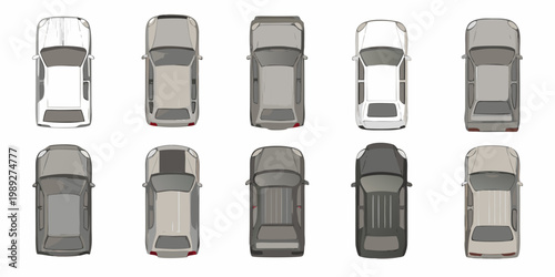 Aerial view of various car models arranged in a grid pattern