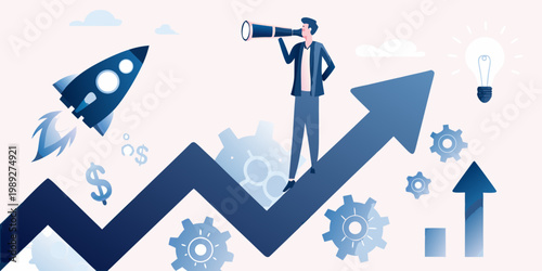 A man announces growth and success with a rocket and upward trend