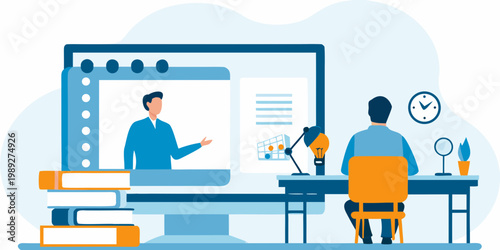 Man attending an online lecture or webinar on a computer