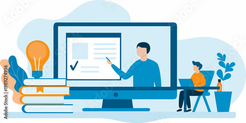 Online learning illustration featuring a teacher and student with books