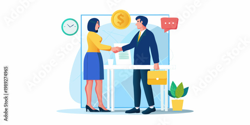 Business professionals shake hands finalizing a deal with a contract