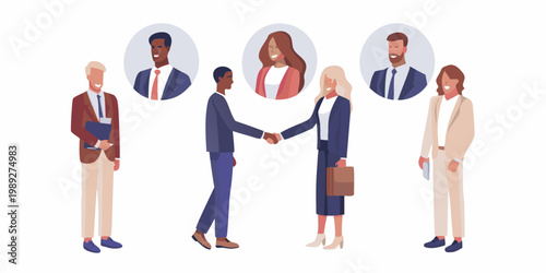Diverse group of professionals networking and shaking hands in a business setting