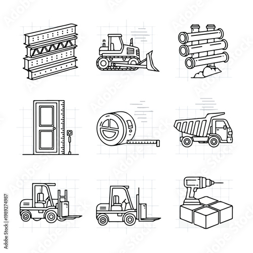 This is a set of nine hand-drawn style line icons illustrating various construction machinery and tools on a gridded white background.