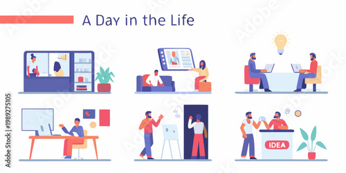 Illustrative depiction of modern workplace scenarios and daily routines