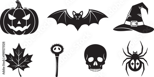 Halloween icons, black silhouette symbols, spooky signs, 6 pcs isolated on Transparent Background