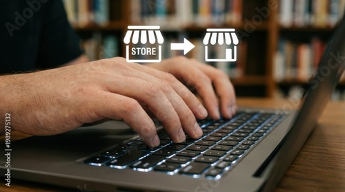 Retail operations manager person typing updating laptop computer keyboard under glowing holographic store to store inventory transfer interface in corporate office for digital supply chain logistics 