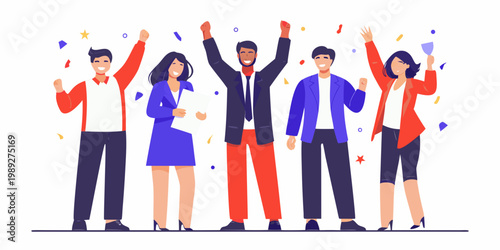 Diverse group of people celebrating success with arms raised and confetti