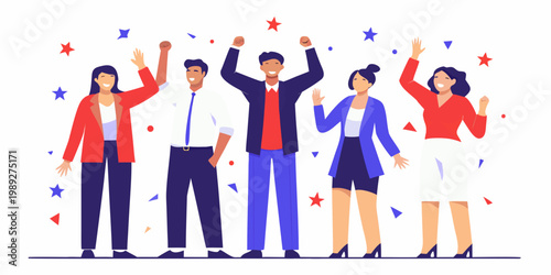 A diverse team celebrates a success with arms raised in joyful unity