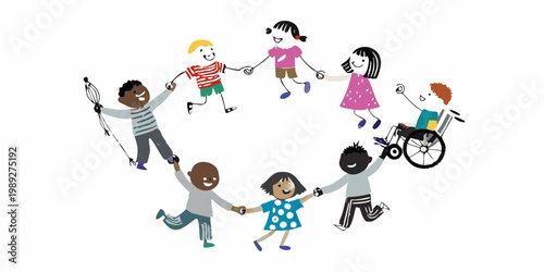 Diverse group of children holding hands in a circle representing inclusivity