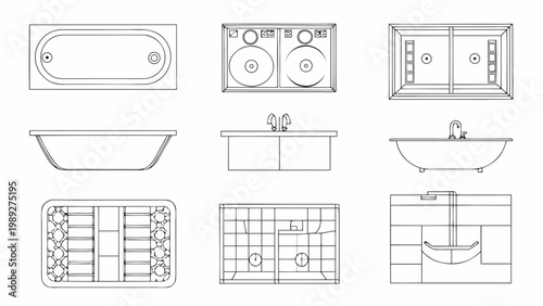 Architectural plan view of bathroom fixtures and elements line art