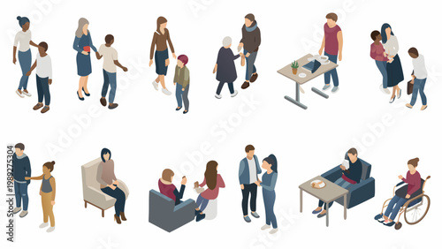 Isometric illustration depicting diverse people in various counseling and support scenarios