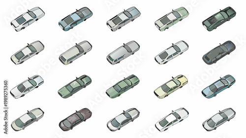 Overhead view of multiple colorful cars arranged in a grid pattern