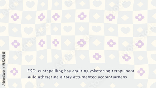 Pastel floral and heart pattern with nonsensical text overlay