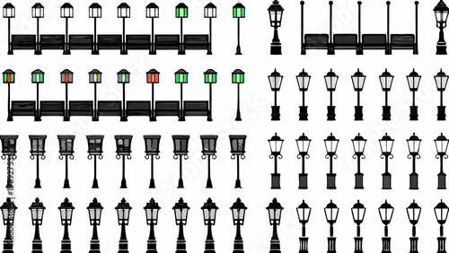 Collection of vintage street lamps and park benches in various styles