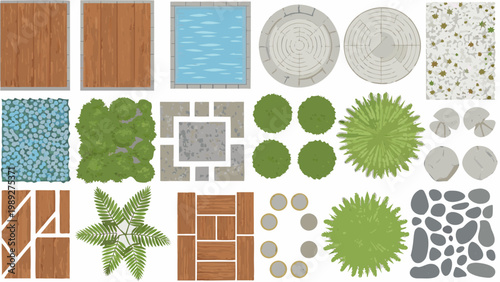Aerial view of various surface textures and natural elements arranged in a grid