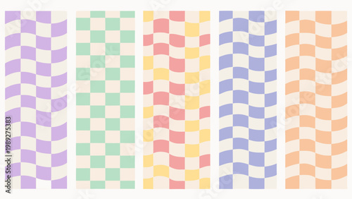 A series of vertically oriented wavy checkered patterns in pastel colors