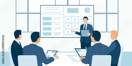 Business presentation in a modern office setting with attentive colleagues