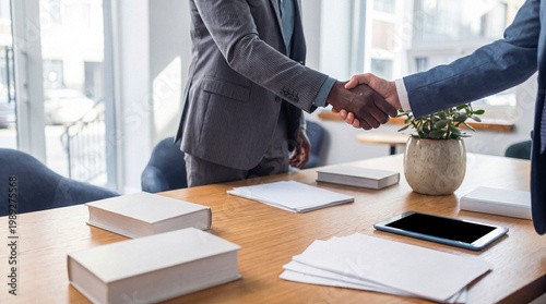 Photos Diverse business partners shaking hands in a modern office, confirming a successful agreement and professional