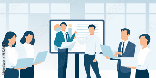 Business team collaborating during a presentation with data charts