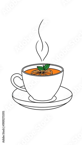 A simple line drawing of a steaming cup of tea on a saucer