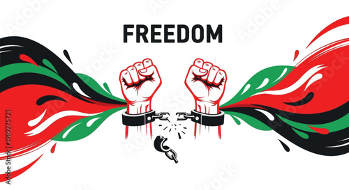 Dynamic vector illustration of powerful human fists breaking free from metal handcuffs, symbolizing liberation, human rights, and the collective fight against oppression