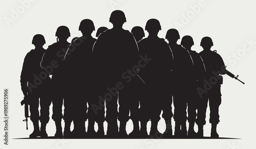 Silhouette of Military Soldiers Standing in Formation on Light Background