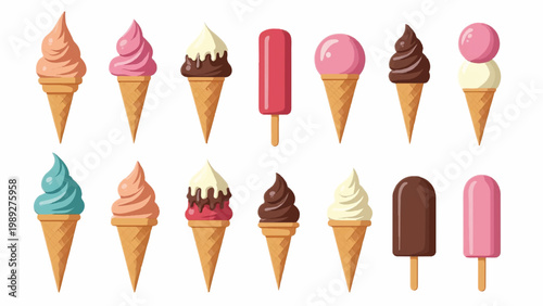 Colorful ice cream cones and popsicles, sweet treats, dessert icons, frozen food illustrations
