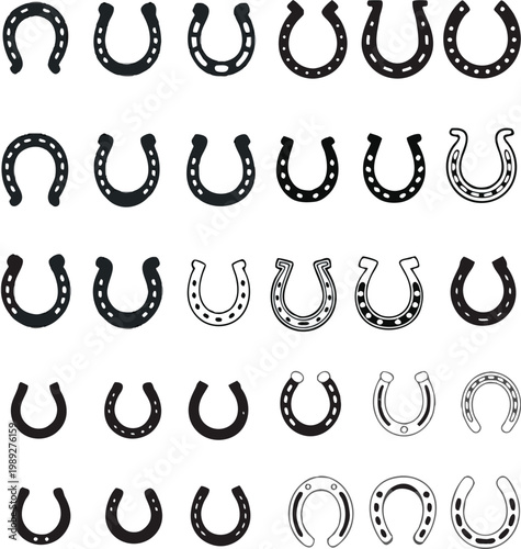 Horseshoe icon set for good luck fortune equestrian sports horse racing ranch farm and western cowboy tradition symbols,