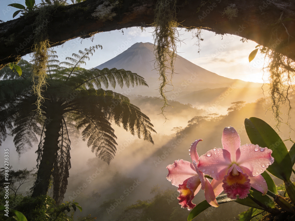 Fototapeta premium Mystical Cloud Forest Canopy with Epiphytes and Mist