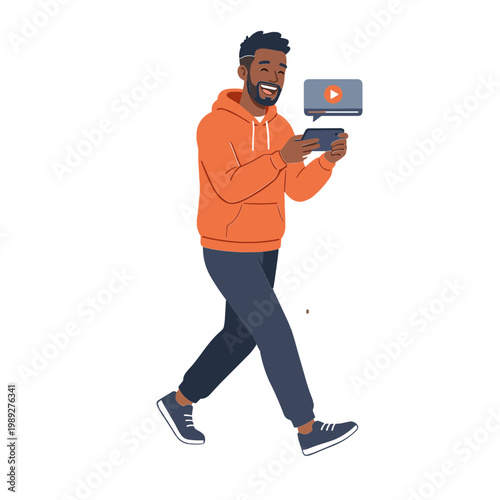 A man walks while watching a video on his device with a speech bubble.