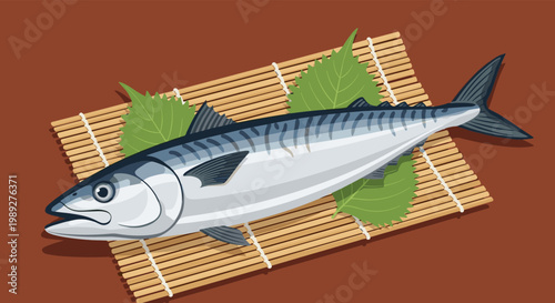 Fresh whole mackerel fish lying on a traditional bamboo mat with green shiso leaves as a garnish on a brown background.