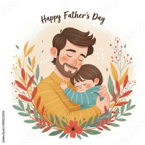 Happy Father's Day, man hugging little child, floral wreath, love and care, celebration