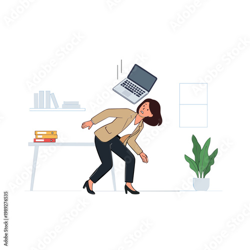 Woman dodges falling laptop in modern office environment quickly