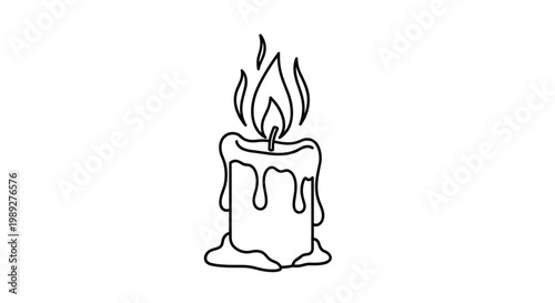 Single white melting candle with a tall flickering flame and dripping wax is shown in a simple black and white line art drawing.